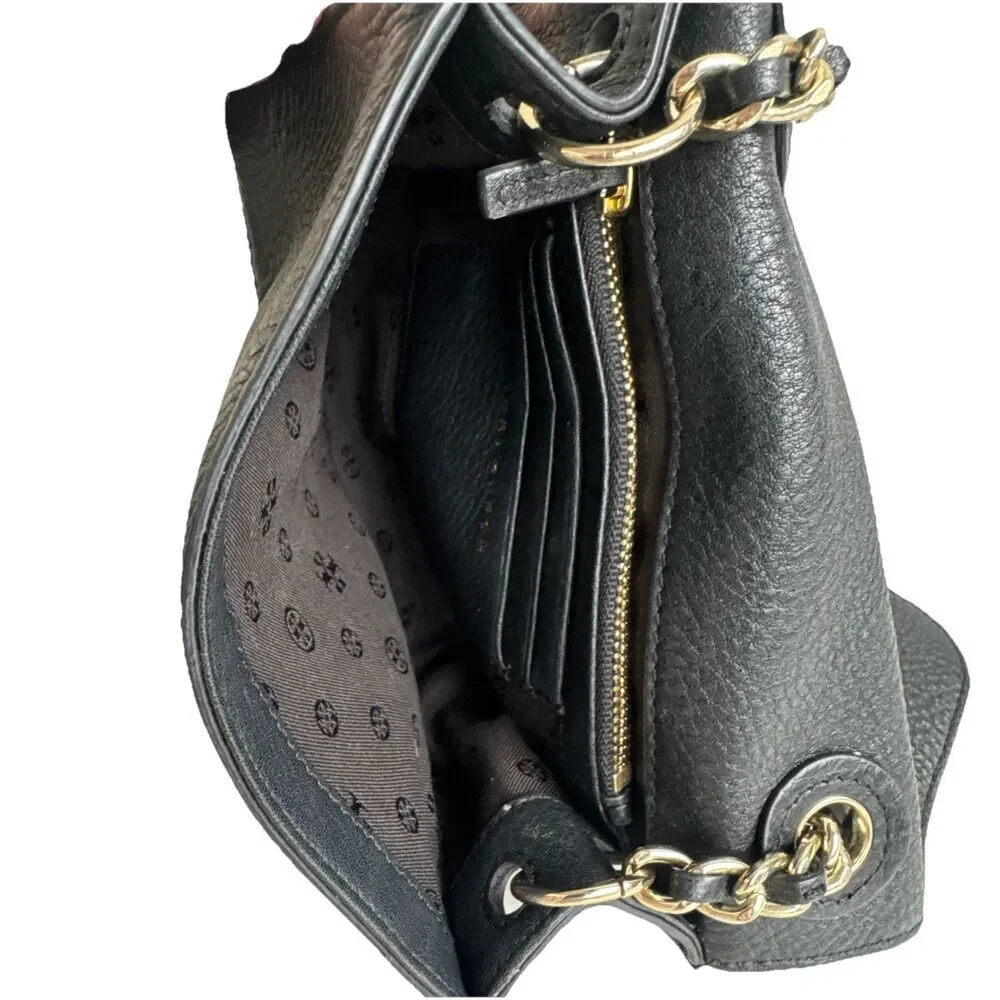Tory Burch Bombe Crossbody Bag Black Leather Gold Chain Authentic Y2K Logo